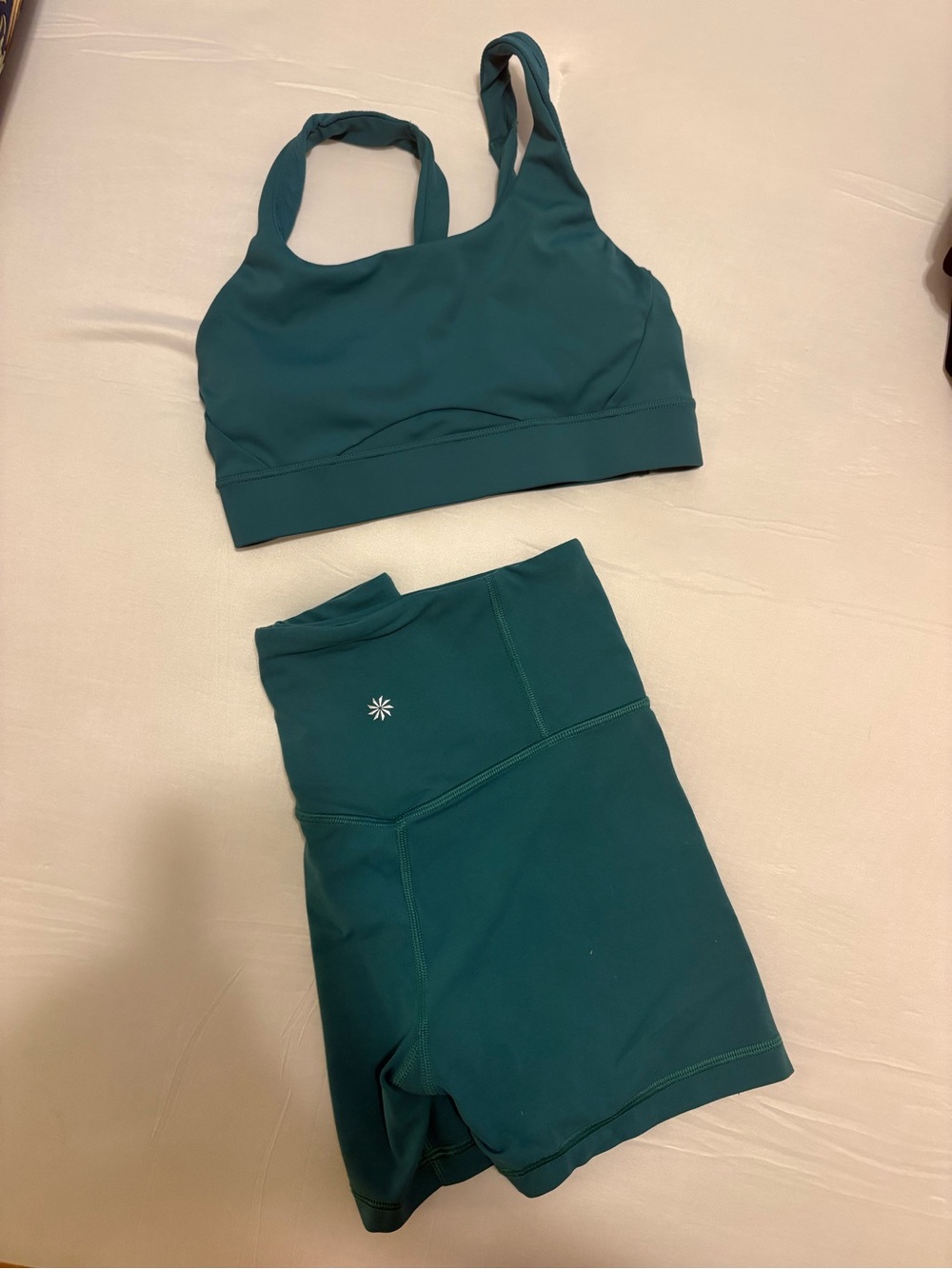 Athleta Teal Green Sports Bra and Biker Shorts set